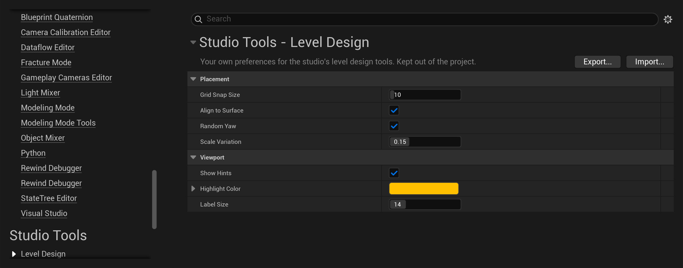 The Level Design page of a studio's own tools, in Editor Preferences