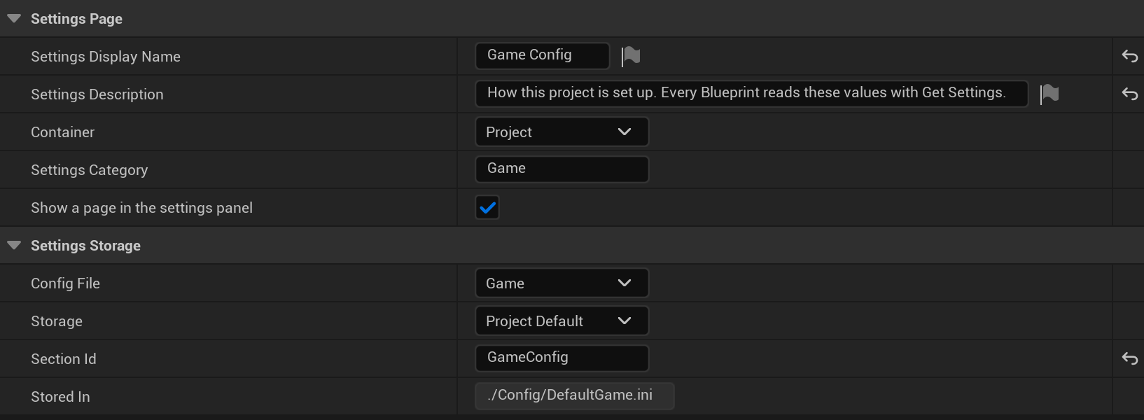 The page and storage choices of BP_GameConfig, in Class Defaults