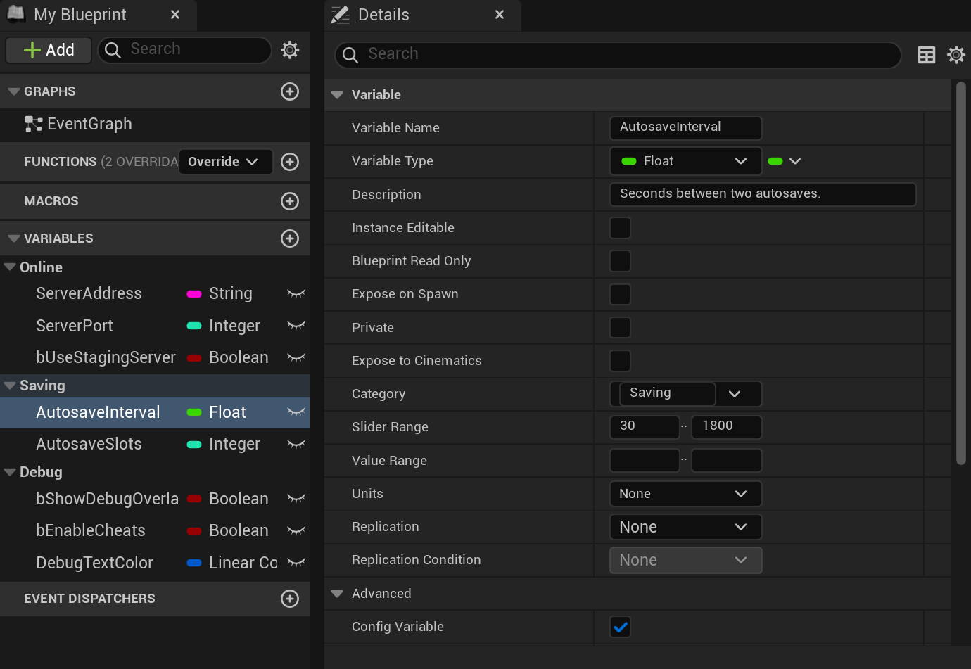 BP_GameConfig: its variables, and the details of AutosaveInterval with Config Variable ticked