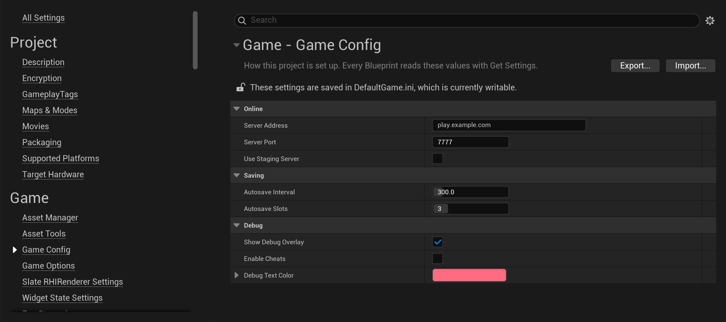 The Game Config page this manual builds, in Project Settings