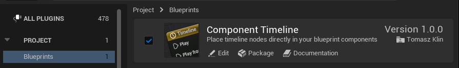 Component Timeline enabled in the Blueprints category of the Plugins window